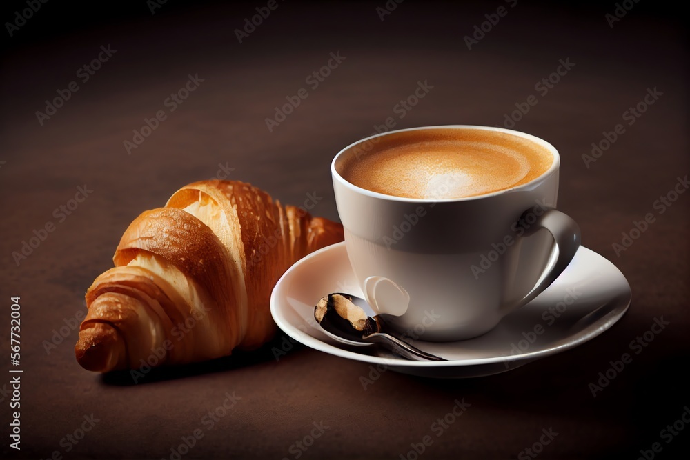 A white cup of espresso coffee with a croissant. Generative AI A white cup of espresso coffee with a croissant. Generative AI