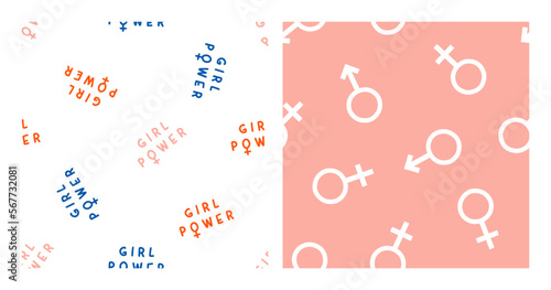 Set of 2 seamless patterns with colorful girl power text and gender symbols