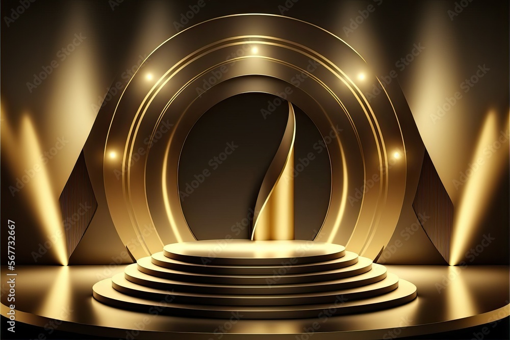 Stage podium with lighting 3D , gold color(Ai generated)