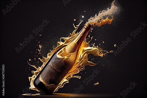 Popping Champagne Bottle with a Golden Liquid Spray. Generative AI photo