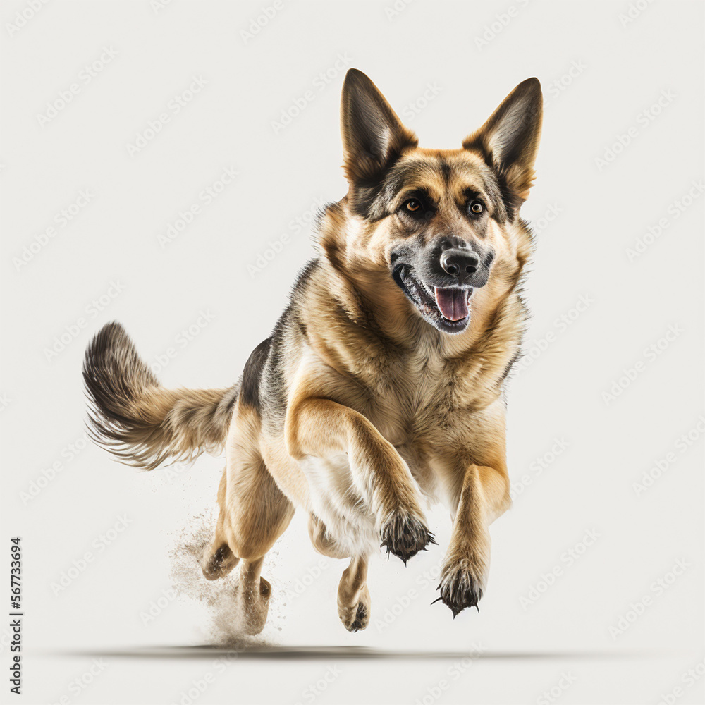 Rennender Hund auf weißem Hintergrund isoliert (erstellt durch KI-Tool)