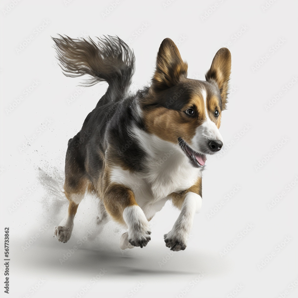 Rennender Hund auf weißem Hintergrund isoliert (erstellt durch KI-Tool) Rennender Hund auf weißem Hintergrund isoliert (erstellt durch KI-Tool)
