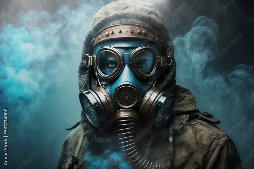 A person wearing gas mask in a smoky background. Chemical war, nuclear disaster, gas explosion concept. Generative AI A person wearing gas mask in a smoky background. Chemical war, nuclear disaster, gas explosion concept. Generative AI