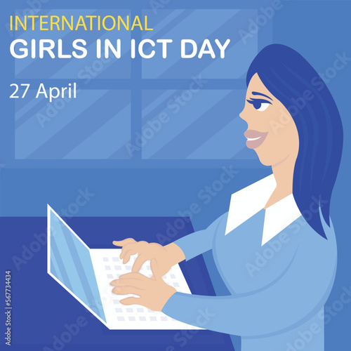 illustration vector graphic of a woman working with a laptop by the window, perfect for international day, girls in ict day, celebrate, greeting card, etc.