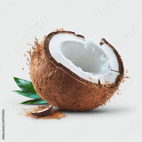 Offene Kokosnuss auf weißem Hintergrund isoliert (erstellt durch KI-Tool)