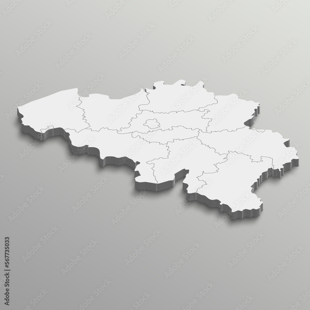 Fully editable 3d isometric white Belgium map with States or province in white isolated background.