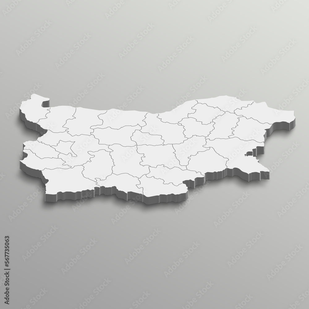 Fully editable 3d isometric white Bulgaria map with States or province in white isolated background.