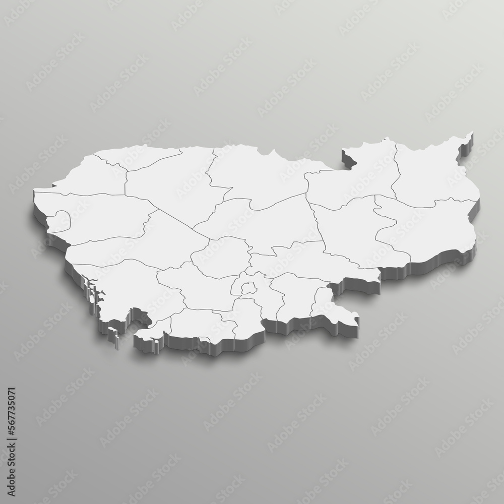 Obraz premium Fully editable 3d isometric white Cambodia map with States or province in white isolated background.