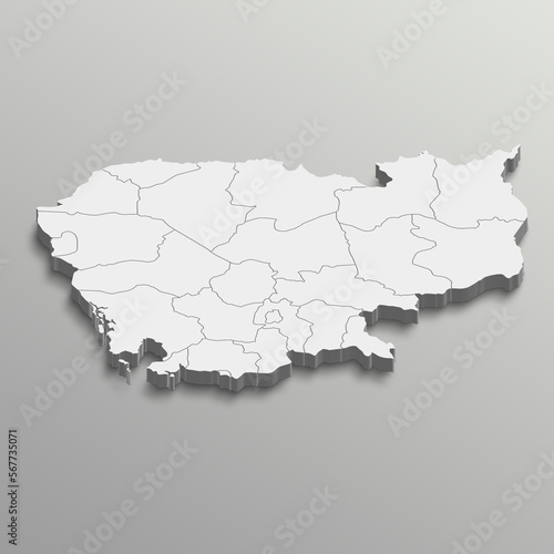 Sticker Fully editable 3d isometric white Cambodia map with States or province in white isolated background