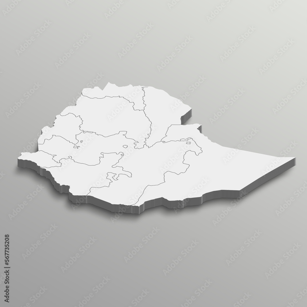 Fully editable 3d isometric white Ethiopia map with States or province in white isolated background. Fully editable 3d isometric white Ethiopia map with States or province in white isolated background.
