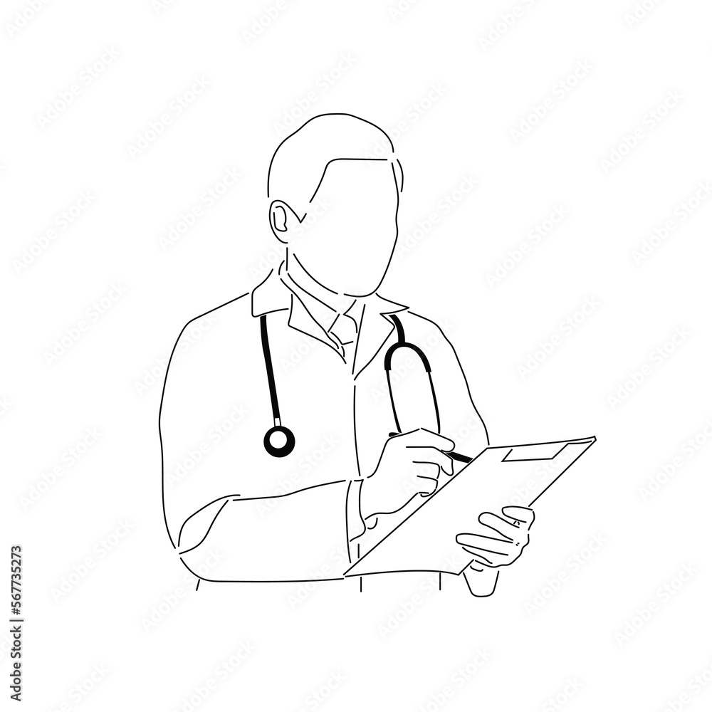 Fototapeta premium Line drawing of a doctor standing to write down medical information.