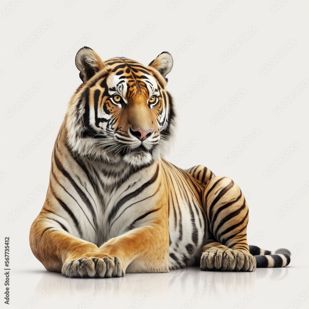 liegender Tiger auf weißem Hintergrund isoliert (erstellt durch KI-Tool)