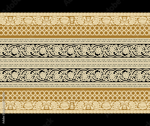 seamless pattern with ethnic borders flowers. Vector Floral Illustration in asian textile. Ethnic line borders.