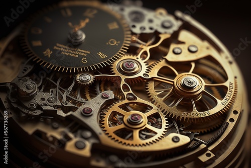 Gears and cogs in clockwork watch mechanism. Craft and precision - elegant detailed stainless steel and metal. 