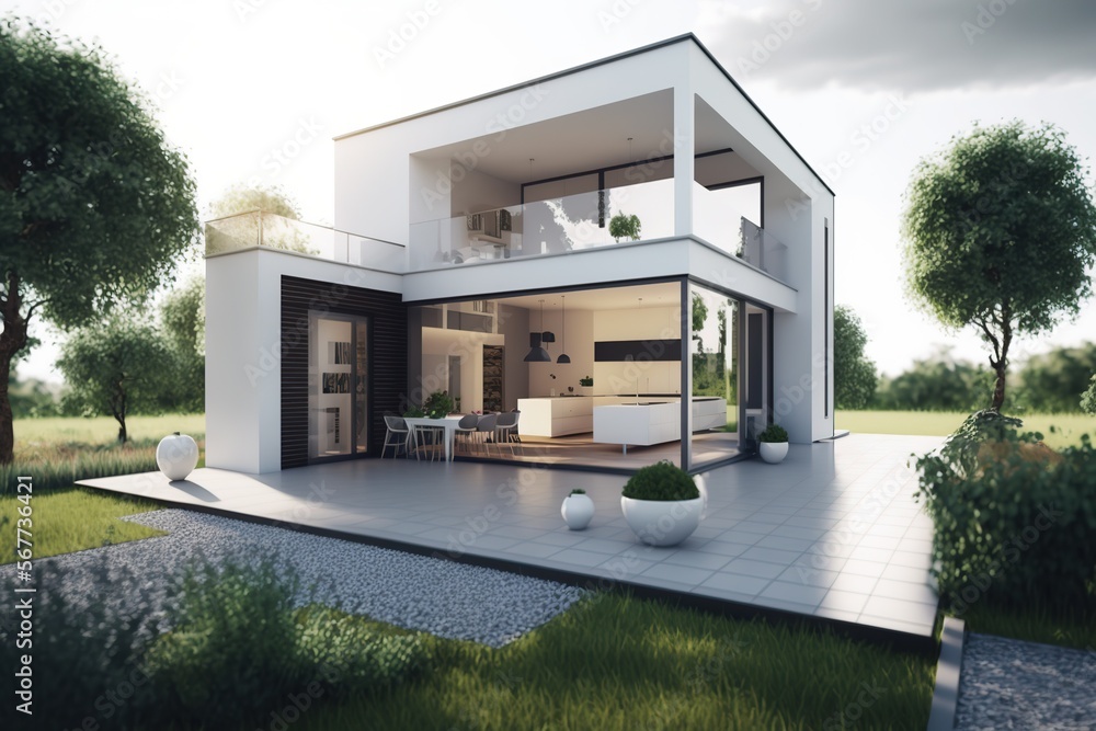 Exterior image of a new modern house with large windows with a garden in a rural area under the beautiful sky