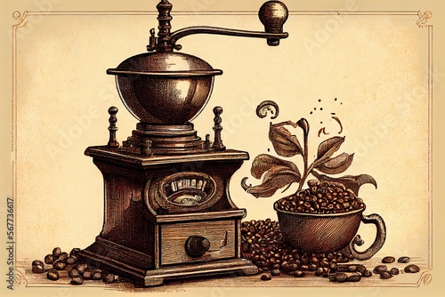 A vintage engraving-style illustration of a coffee grinder and beans. Generative AI