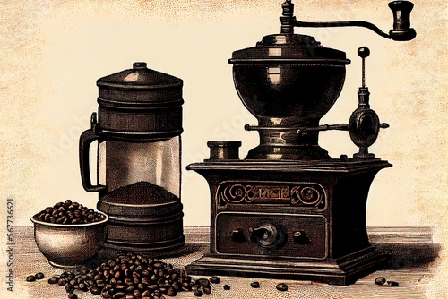 A vintage engraving-style illustration of a coffee grinder and beans. Generative AI
