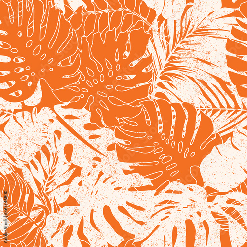 Orange tropical monstera and palm leaves wallpaper abstract vector seamless pattern grunge effect in separate layer