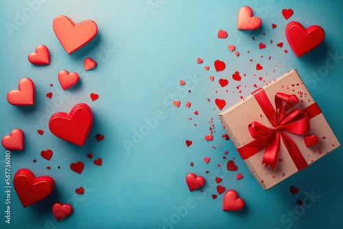 Love-Filled Valentine's Day Background with Gift Box and Red Hearts - Flat Lay Style 3. Generative AI. © NormanBalberan