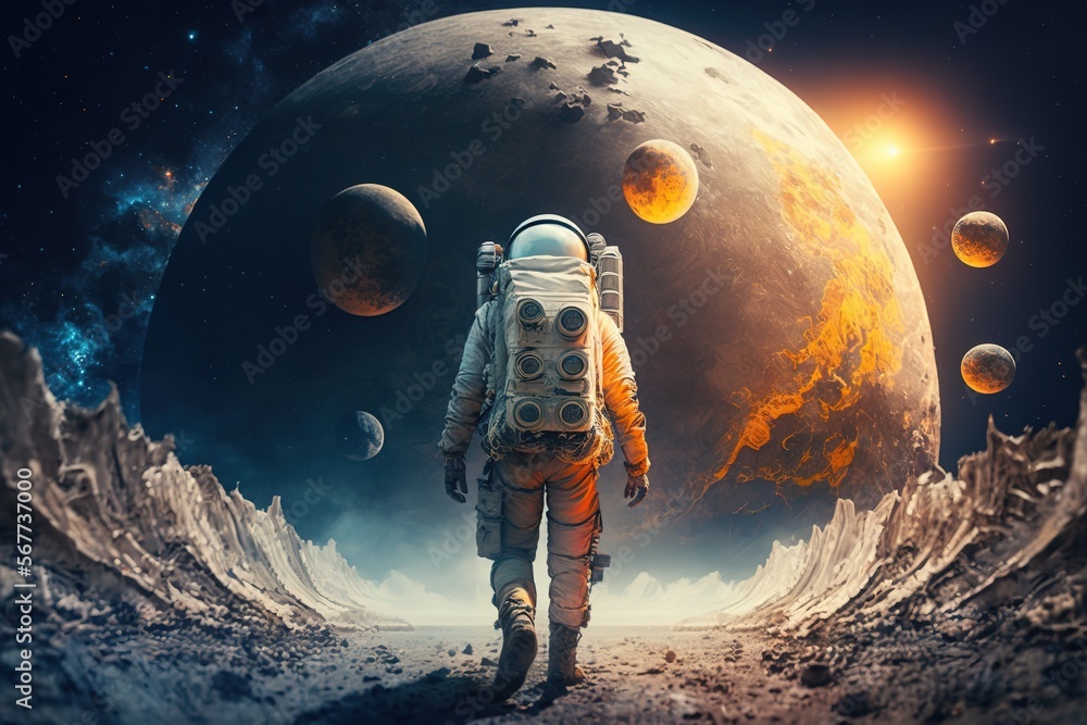An astronaut walks in his space suit on a distant planet. Outer space - Generative AI An astronaut walks in his space suit on a distant planet. Outer space - Generative AI