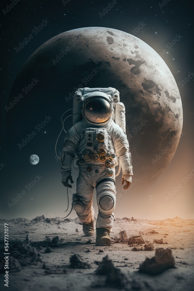 An astronaut walks in his space suit on a distant planet. Outer space - obrazy, fototapety, plakaty 