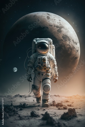 An astronaut walks in his space suit on a distant planet. Outer space photo