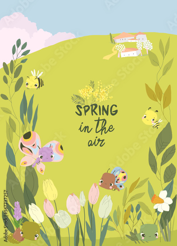 Cartoon Frame with Cute Baby Insects, Spring Flowers and Plants