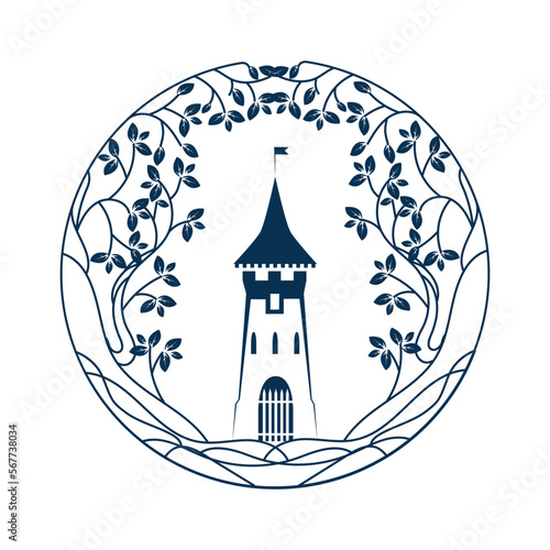 Vector emblem with a medieval tower and floral weaving of lines and leaves. Medieval architecture. Vintage and floral emblem.