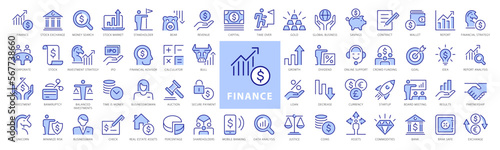 Finance line icons set. Money payments elements outline icons collection. Payments elements symbols. Money, Stock Market, Savings, Investment, Unicorn, Currency, Revenue - stock vector