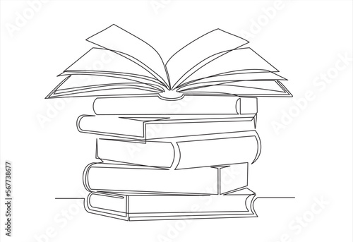 Continuous one line drawing of  books stack minimalist vector design on white background. Isolated simple line modern graphic style. Hand drawn graphic concept for education.