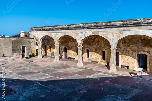 A view down into the courtyard of the Castle of San Cristobal in San Juan, Puerto Rico on a bright sunny day © Nicola