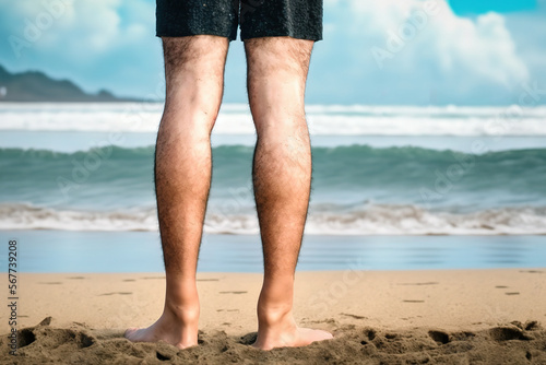 A man in barefoot is standing on sand beach ground, travel and vacation to the sea in summer activity concept. Generative Ai image.