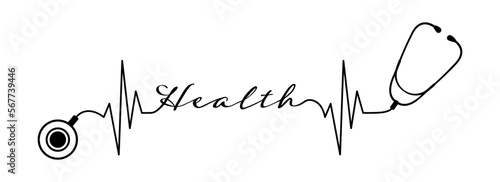 Editable lines stethoscope with health text, ekg line design isolated on white background. Healthcare symbol to use in health industry, cardiology, medical care, hospital, health science projects.