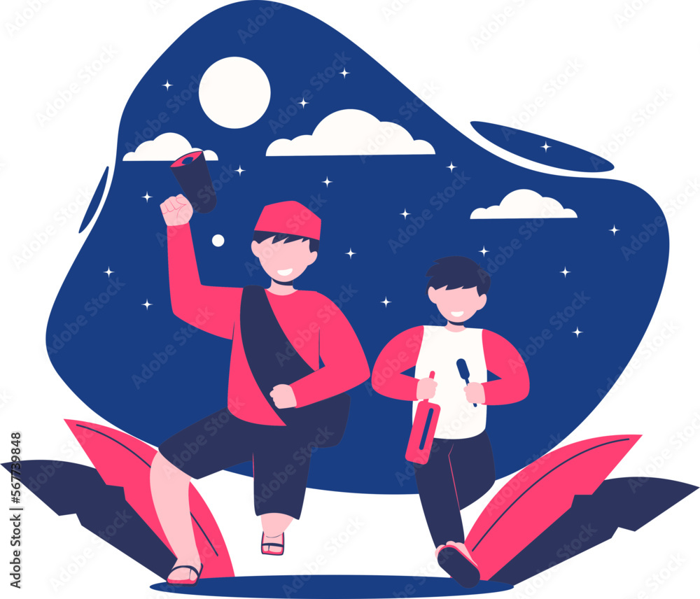 Fototapeta premium two boys wearing white and red clothes are waking people up to eat sahur in the holy month of Ramadan
