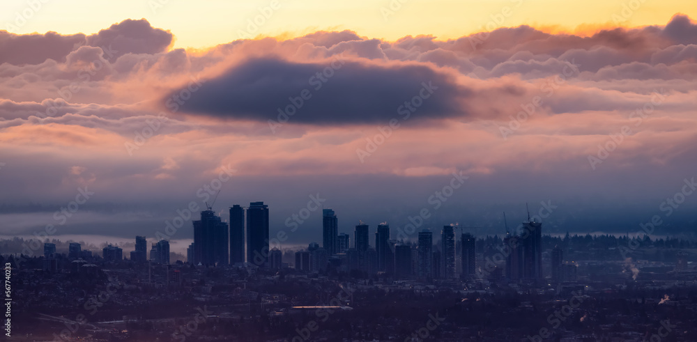 Brentwood Centre, City and Cloudscape in Background. Winter Sunrise. View from Cypress Lookout, West Vancouver, BC, Canada.