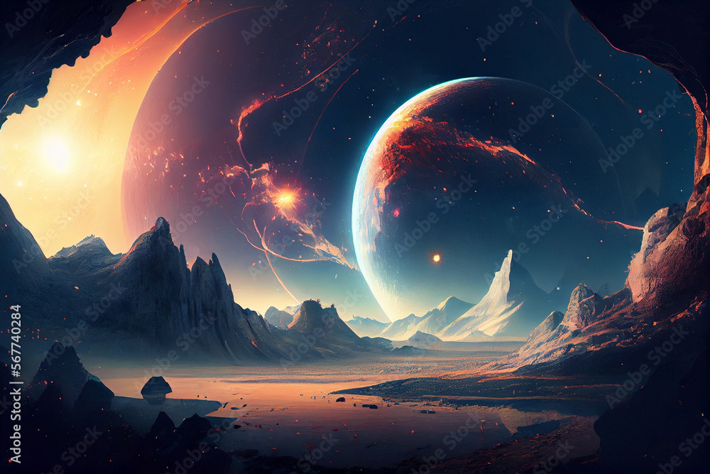 Alien fantasy landscape with giant planet at distance digital art