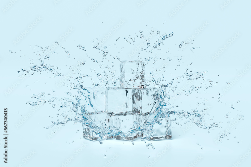 3d ice cubes with water splash transparent, clear blue water scattered around isolated on white background. 3d render illustration 3d ice cubes with water splash transparent, clear blue water scattered around isolated on white background. 3d render illustration