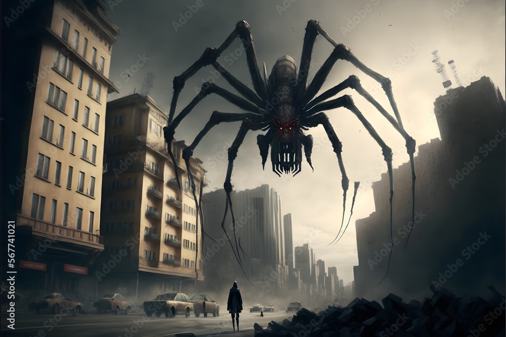 giant spider attacking the city created using Generative AI Technology giant spider attacking the city created using Generative AI Technology