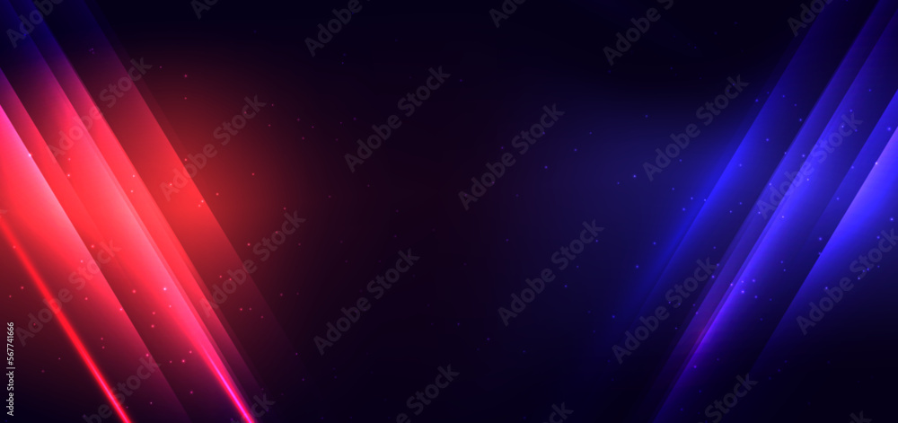 Obraz premium Abstract technology futuristic glowing blue and red light lines with speed motion blur effect on dark blue background.