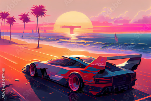 A digital painting of car on the beach, Synthwave