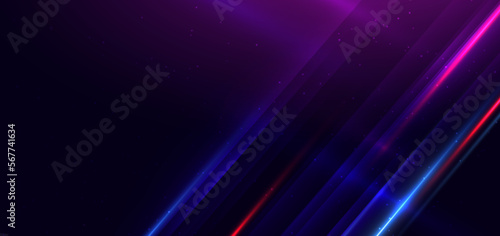 Abstract technology futuristic glowing blue and pink light lines with speed motion blur effect on dark blue background.