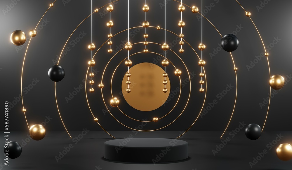 Fototapeta premium 3d render of abstract realistic studio room with Luxury round pedestal stand podium with golden glitter in shape backdrop. Luxury black friday sale scene for product display presentation background