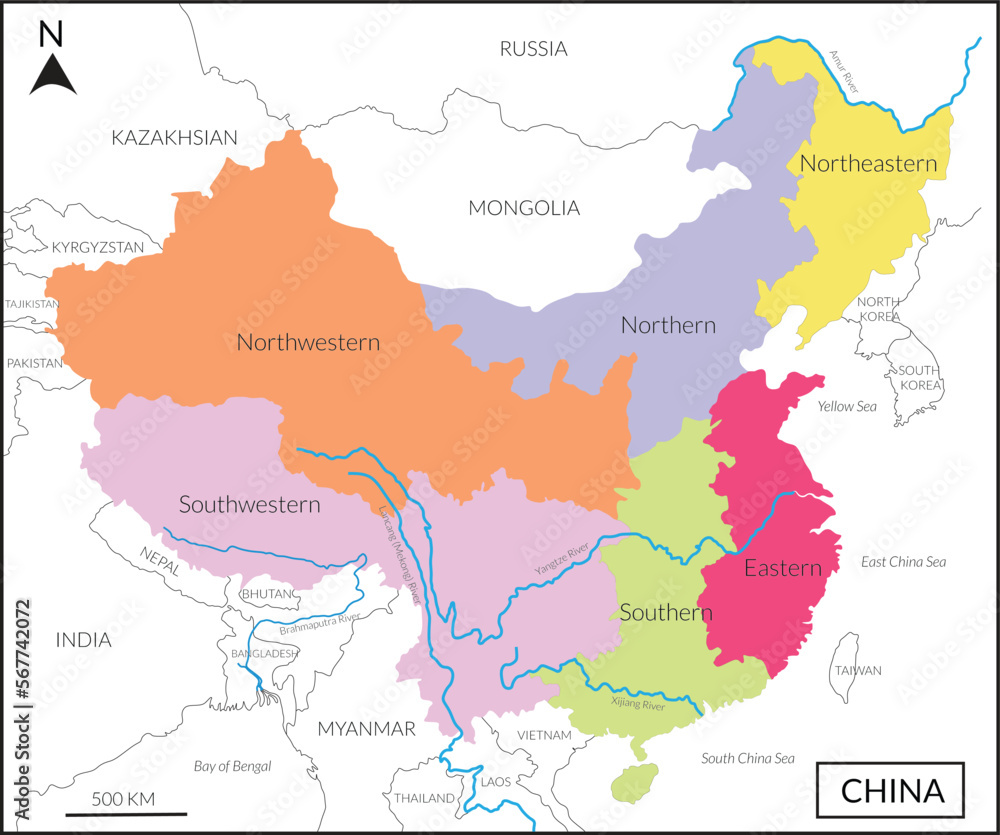 Map of People’s republic of China includes four regions, and Lancang (Mekong) River, Amur river, Yangtze river and countries, Mongolia, Russia, India, Myanmar, Korea and Vietnam