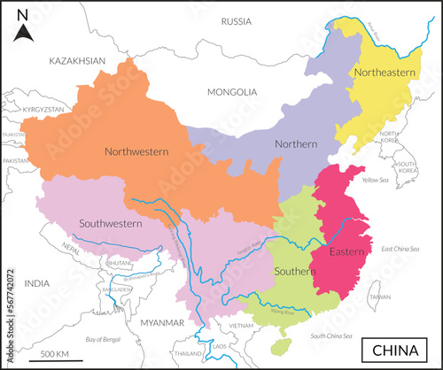 Map of People’s republic of China includes four regions, and Lancang (Mekong) River, Amur river, Yangtze river and countries, Mongolia, Russia, India, Myanmar, Korea and Vietnam