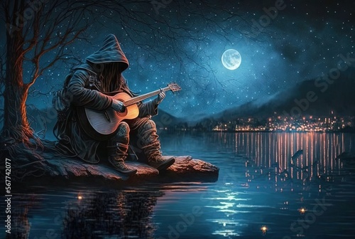 old bard play guitar sing song during full moon night, copy space background wallpaper fantasy theme,  Generative ai photo