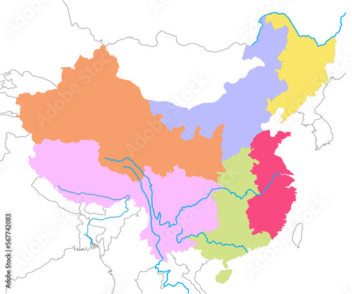 Map of People’s republic of China includes four regions, and Lancang (Mekong) River, Amur river, Yangtze river and countries, Mongolia, Russia, India, Myanmar, Korea and Vietnam photo