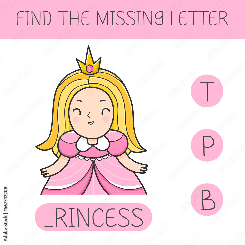 Find the missing letter is an educational game for kids with a princess. Cute cartoon princess character. Practicing English alphabet. Find the missing letter is an educational game for kids with a princess. Cute cartoon princess character. Practicing English alphabet.