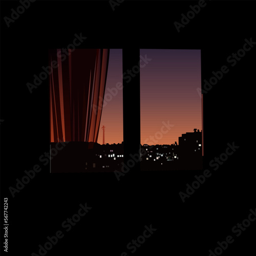 vector illustration depicting the view from the window in the evening for the design of interiors of rooms and scenes  as well as for the manufacture of other illustrations