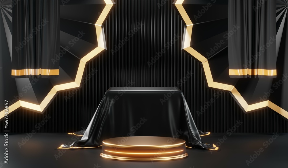 3d render of abstract realistic studio room with Luxury round pedestal stand podium with golden glitter in shape backdrop. Luxury black friday sale scene for product display presentation background 3d render of abstract realistic studio room with Luxury round pedestal stand podium with golden glitter in shape backdrop. Luxury black friday sale scene for product display presentation background
