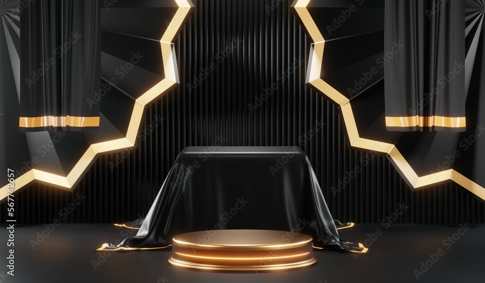 3d render of abstract realistic studio room with Luxury round pedestal stand podium with golden glitter in shape backdrop. Luxury black friday sale scene for product display presentation background